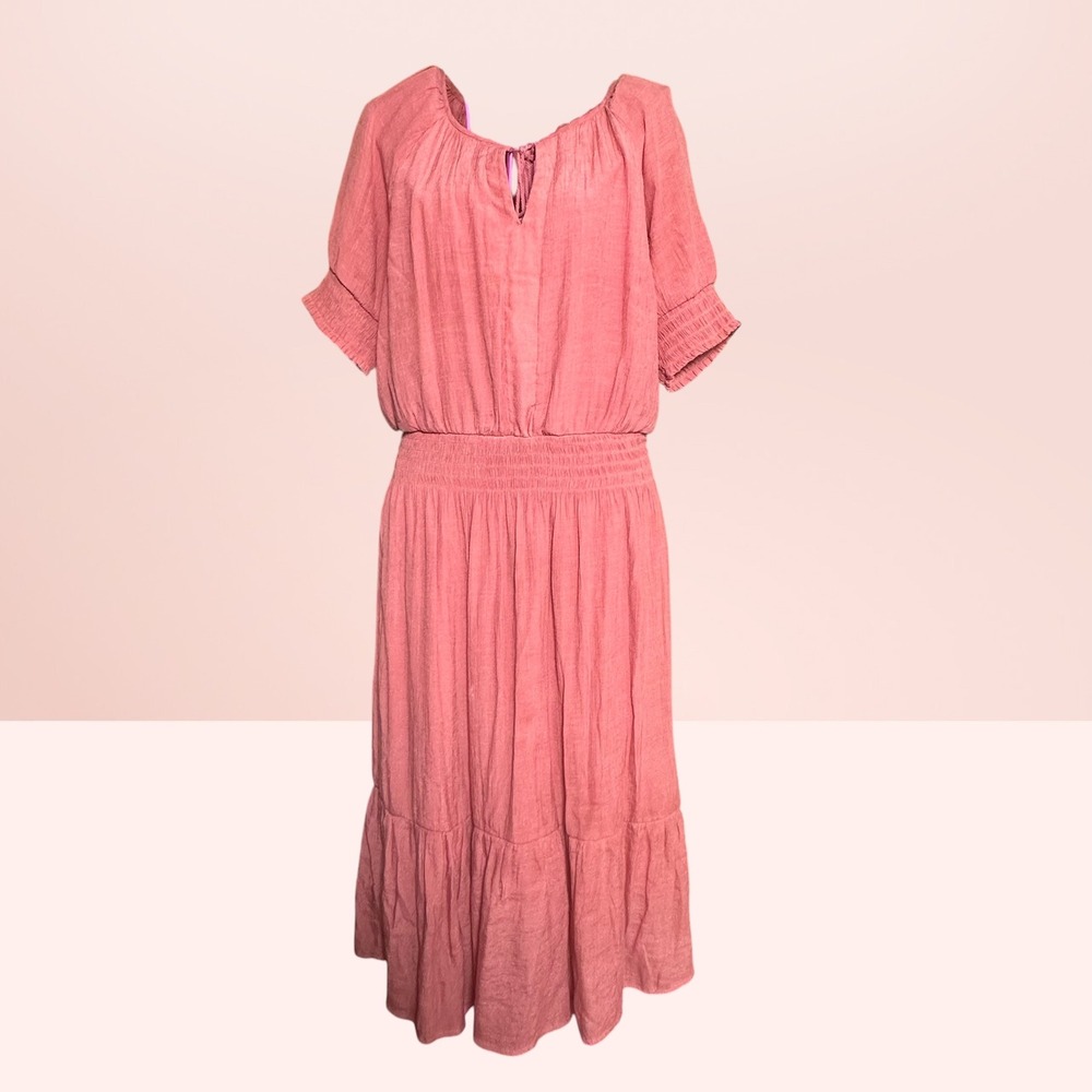 Luxology‎ Midi Dress Smocked Waist Tassel Boho Cottagecore Medium Rose Pink